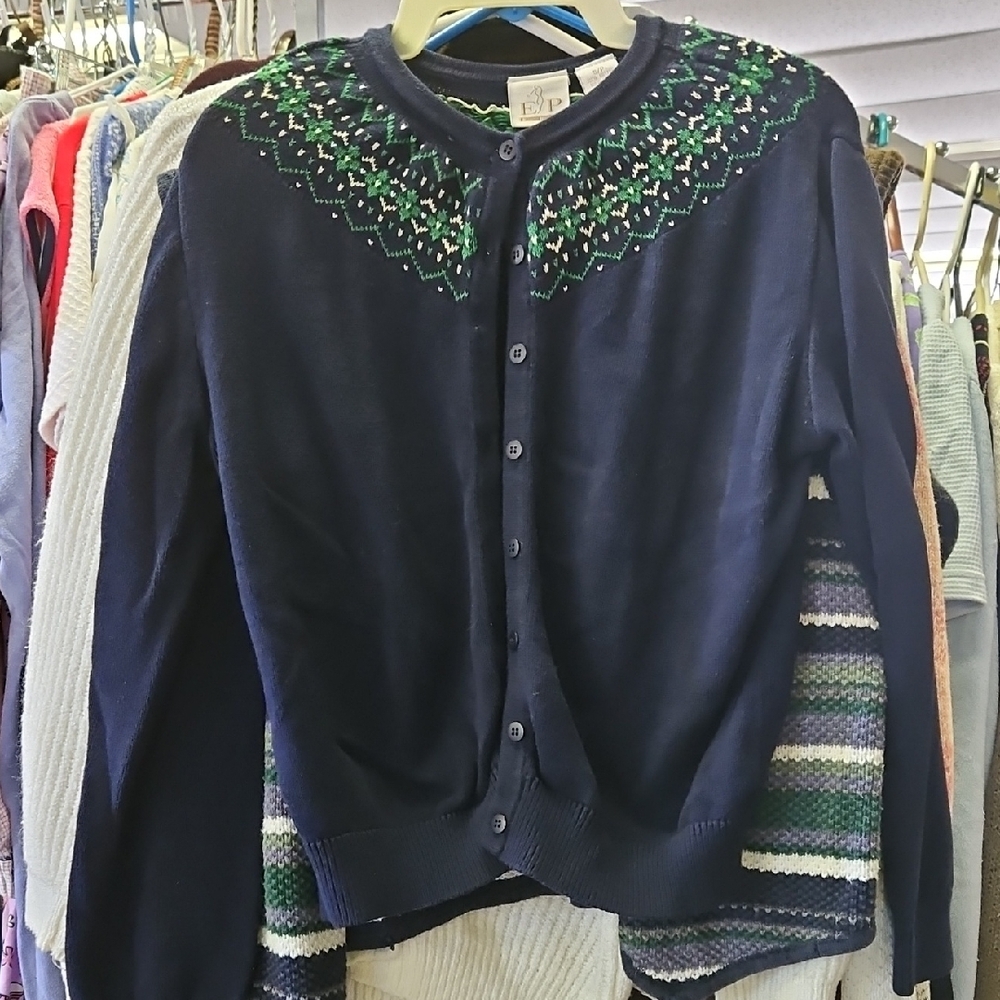 Navy Cardigan with Green and White Pattern